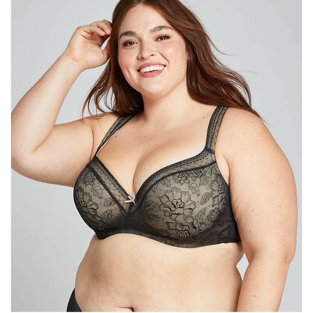 Cacique Modern Lace Lightly Lined Balconette underwire Bra Black beige 40DD new